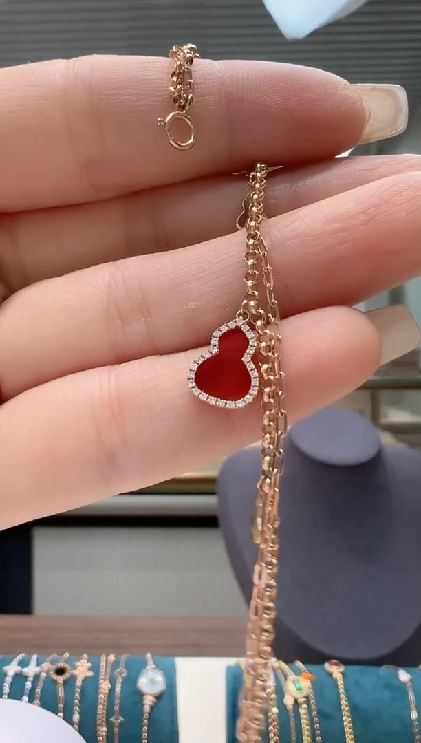 【闪购商品】钻石手链18K金镶嵌满钻红葫芦手链