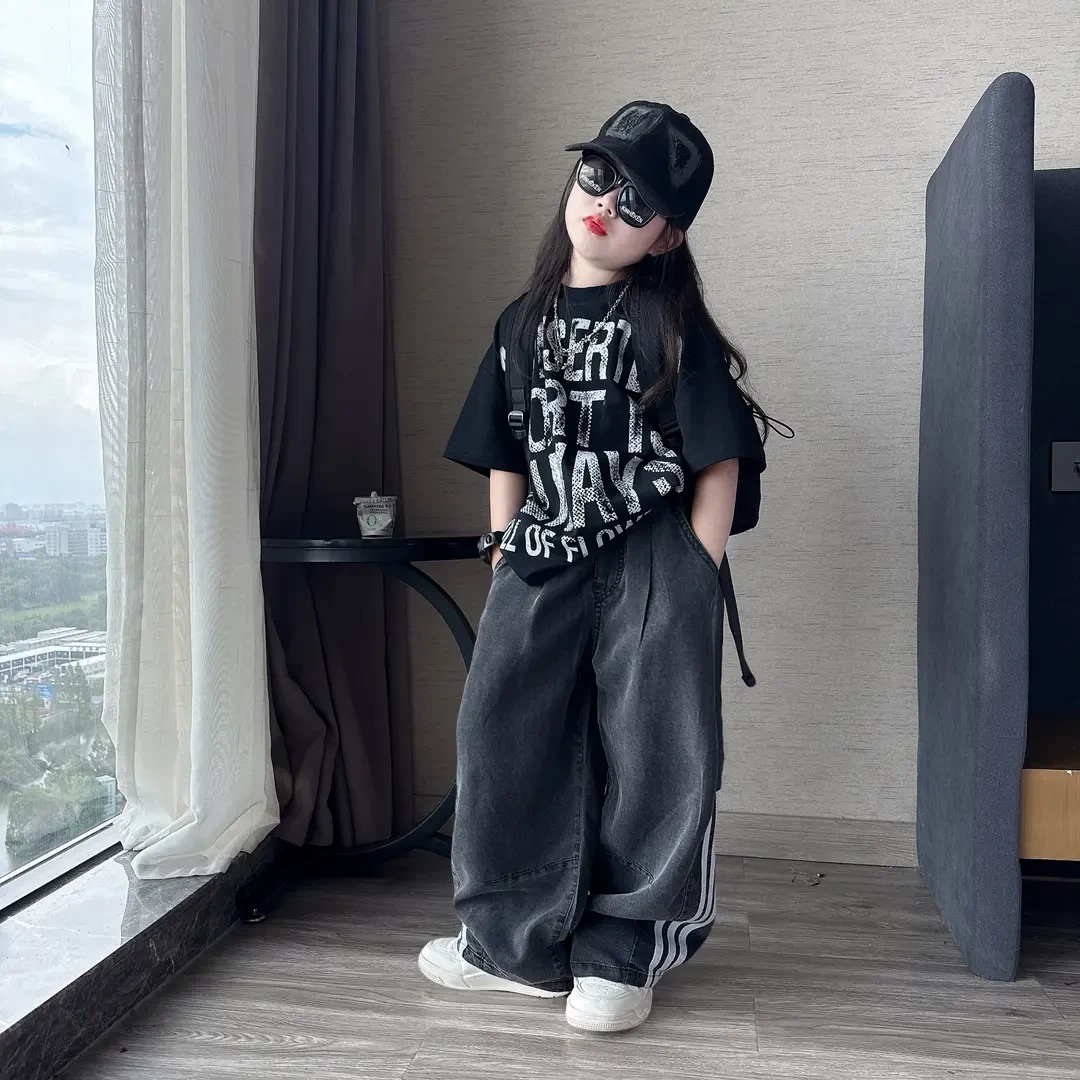 女童潮酷穿搭夏季短袖套装9大童网红爵士街舞宽松T恤弯刀裤两件套