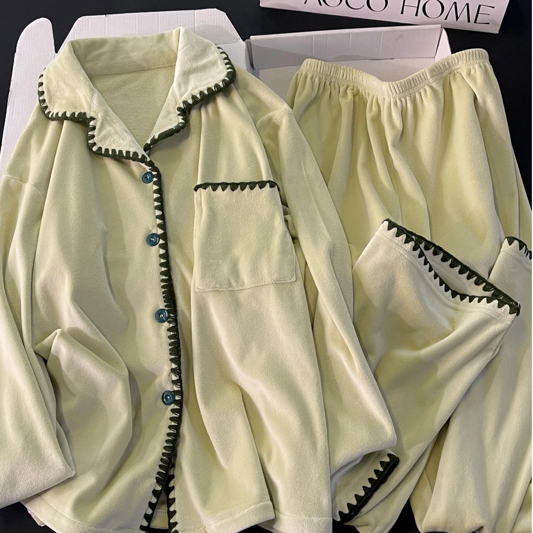 睡衣女秋冬季超柔海岛绒长袖大码2025新款保暖绿色套装冬天家居服