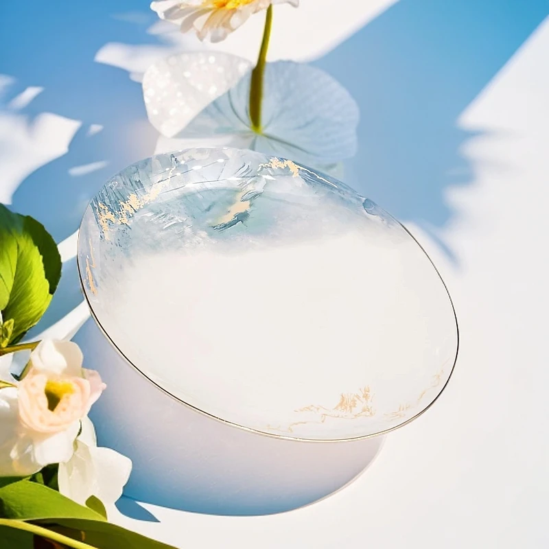 锦绣山河12英寸鱼盘1个装网红盘子家用创意椭圆盘碟金边欧式碟子