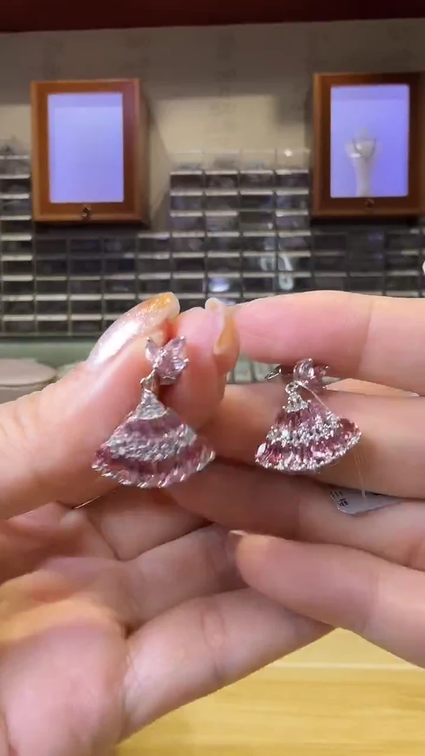 银S925镀金镶嵌耳饰定制碧玺粉碧玺小裙子