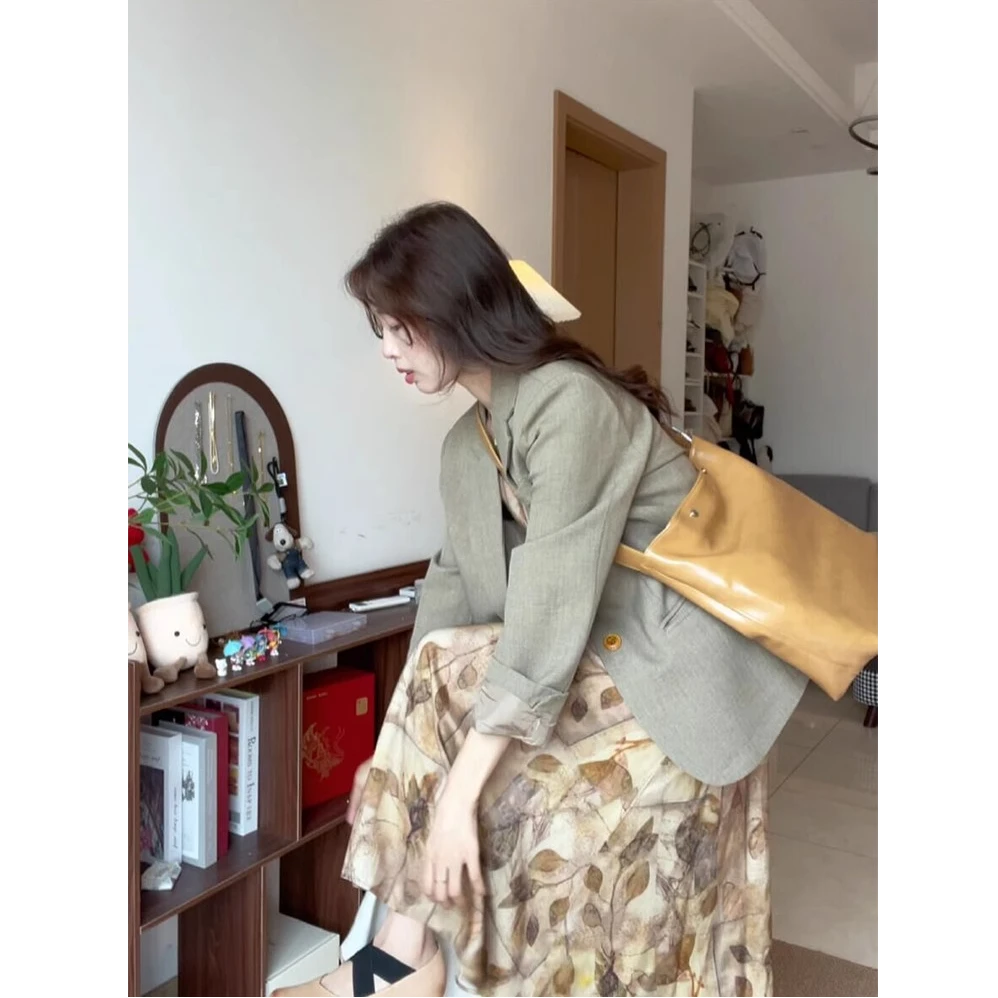 大码西装外套装女春秋高级感廓形气质复古宽松胖mm休闲西服两件套