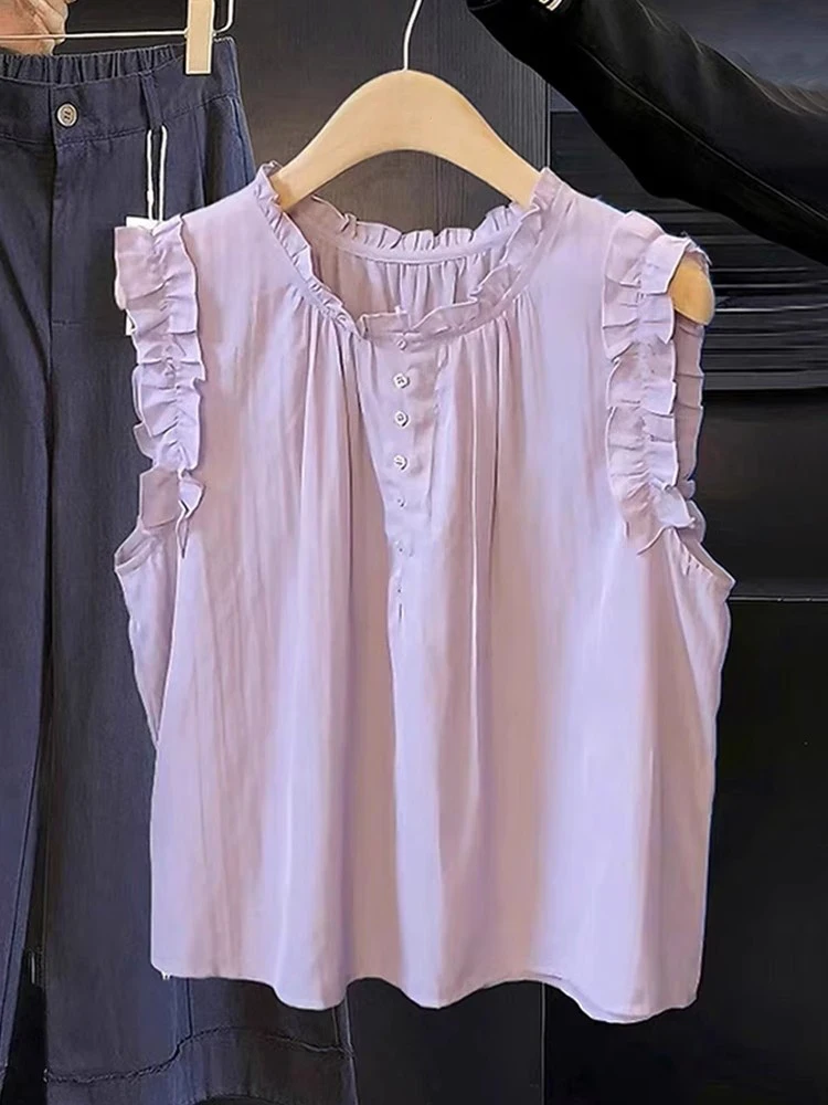 1277时尚法式气质木耳边衬衫女夏季2025新款无袖背心上衣