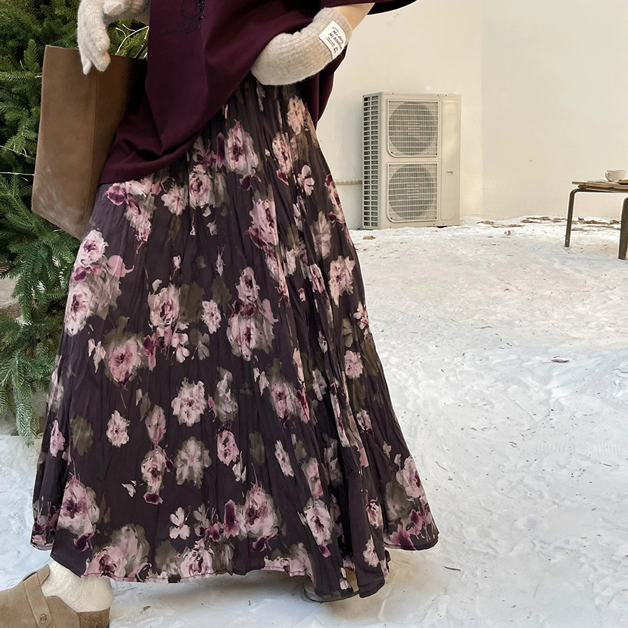 秋季茶色碎花复古显瘦半身裙高腰长款百褶裙时尚百搭大摆A字裙