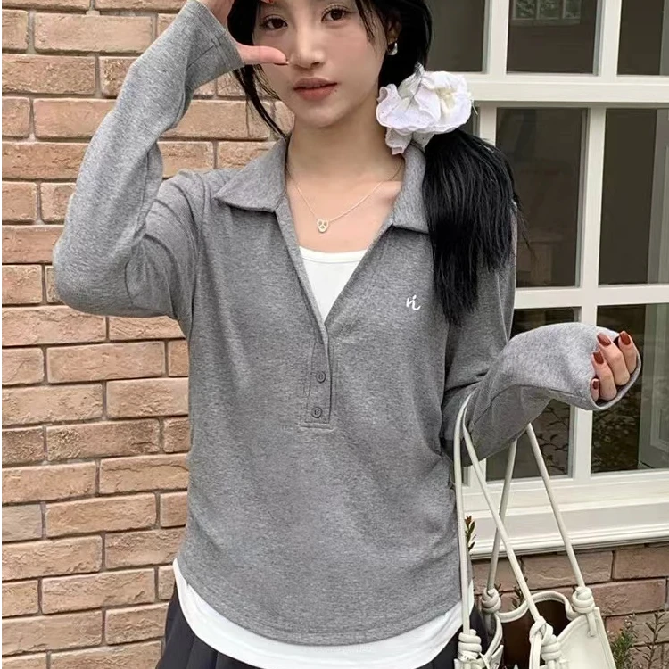 POLO领刺绣拼接假两件长袖上衣（911）