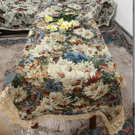 ZN107-85棉麻【90*220】彩菊水溶花边棉麻交织布桌布茶几布