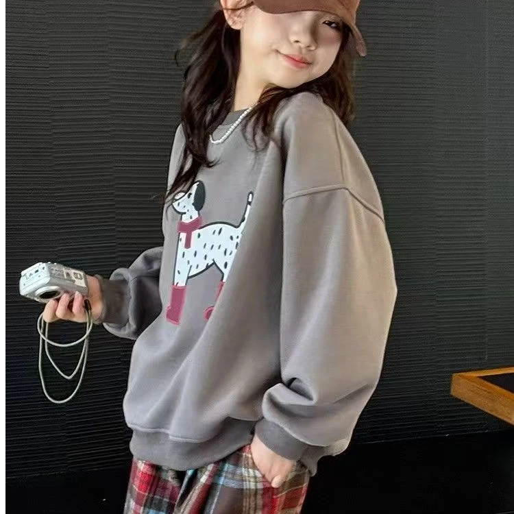 女童套装2025春秋新款中大童洋气宽松卡通卫衣格子休闲裤两件套潮