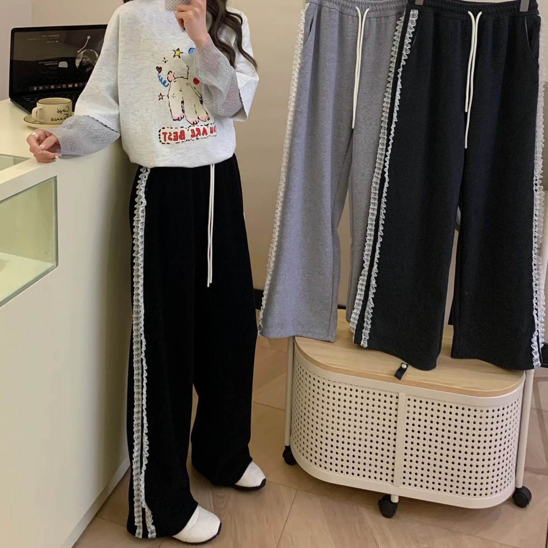 2025春款蕾丝花边直筒裤韩系宽松显瘦