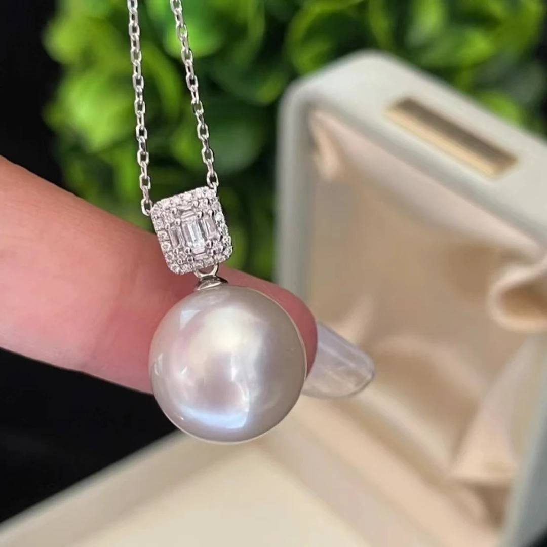 链子925银 方糖吊坠 14-15mm 正圆 极光微微瑕疵时尚百搭贝珠精致