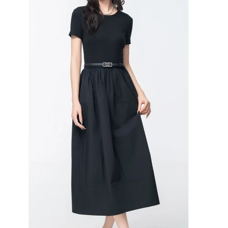 AMASS/阿玛施新款时尚百搭极简风拼接设计短袖气质连衣裙5500517