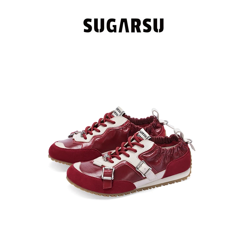 SUGARSU 酥履赵昭仪同款春季新款复古红色芭蕾德训搭扣阿甘鞋女