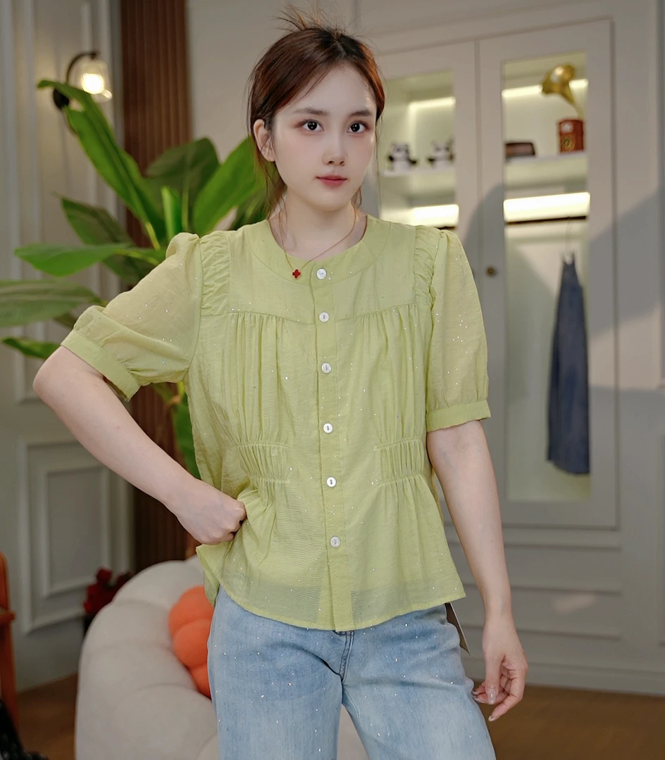 （花宝）夏季新款圆领纯色细闪小衫显瘦休闲小上衣2939