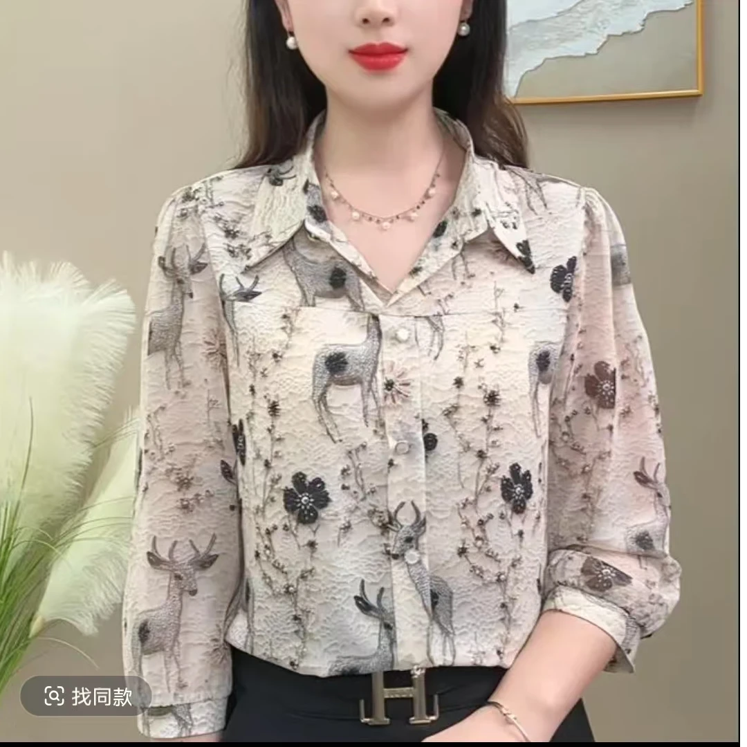 8937开--夏季时尚小鹿山水印花六分袖款气质百搭开衬衫