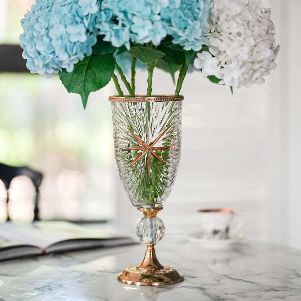 【奇居铜瓷】铜加水晶玻璃高脚花瓶装饰摆件GY