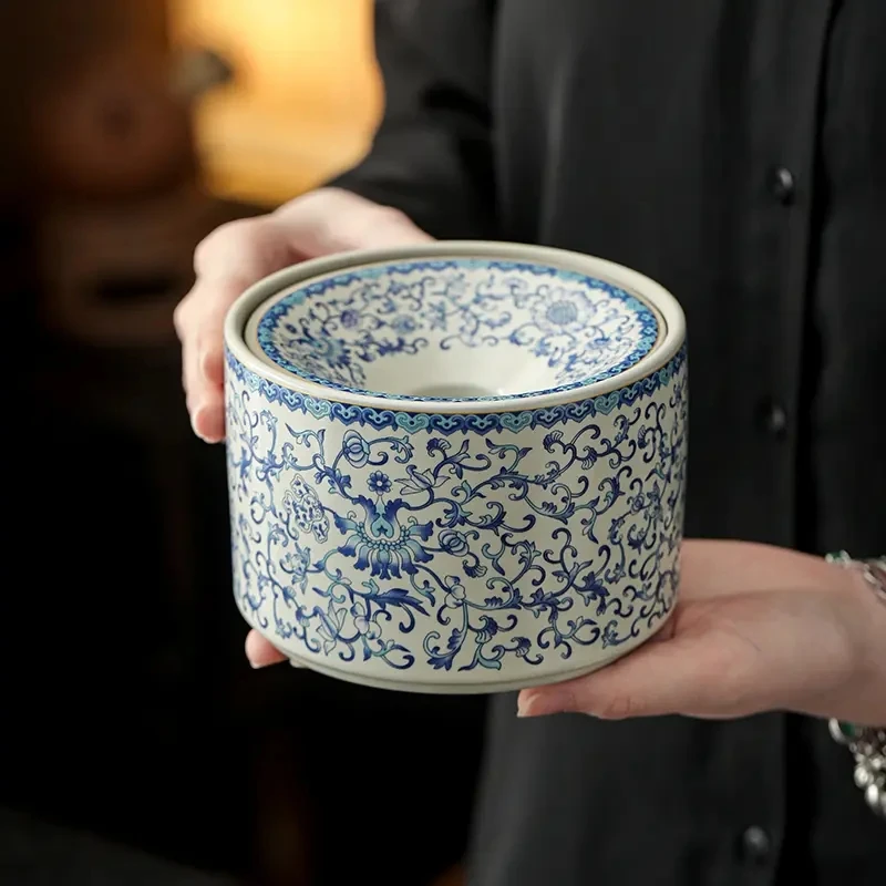 青花汝窑缠枝莲烟灰缸带盖防风防飞灰建水水盂陶瓷茶渣缸茶道配件