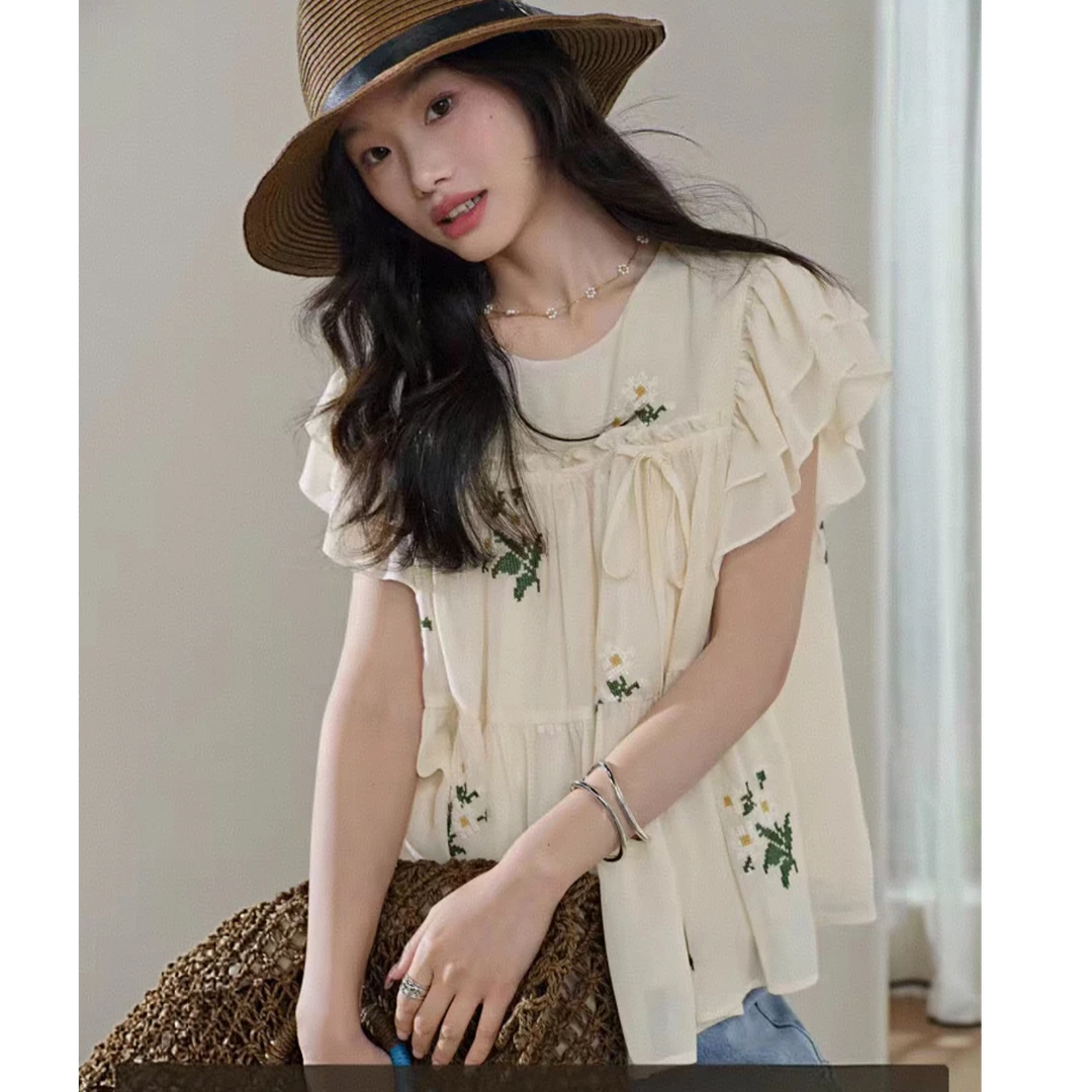 阔刺绣飞袖雪纺衫宽松娃娃衫小衫2025夏季新款女衬衫短款上衣