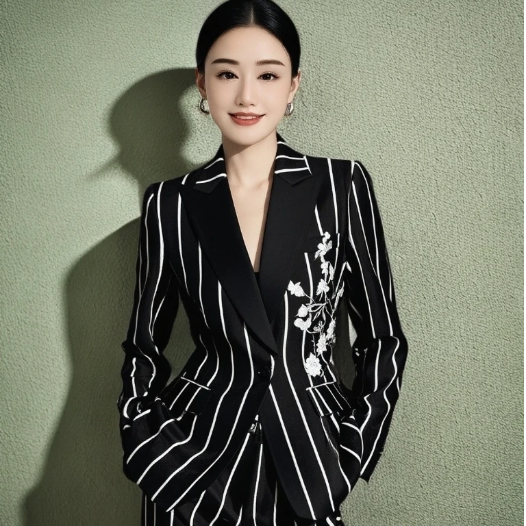 25973竖条纹长袖正装套装气质修身商务女神范设计师款