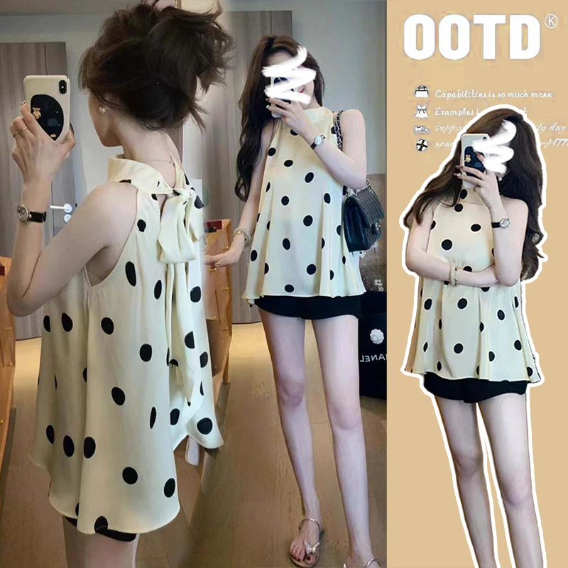 【七月专属】【四款】孕妇装上衣外穿宽松无袖设计感波点吊带挂脖衬衫