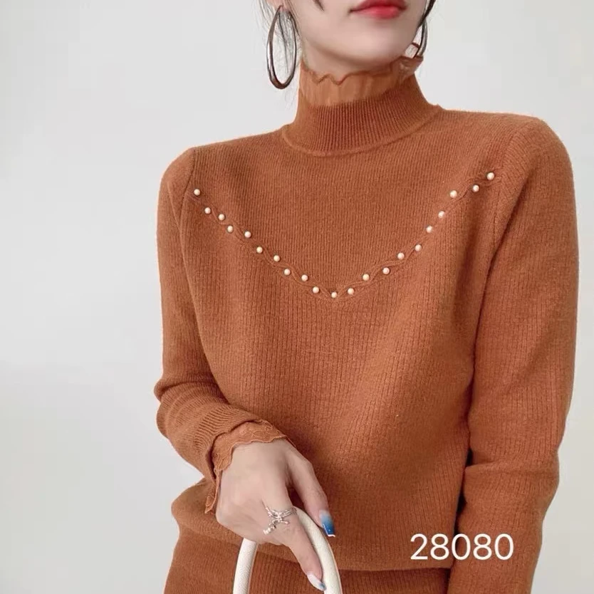 931#一体绒假两件针织衫新款半高领3 98