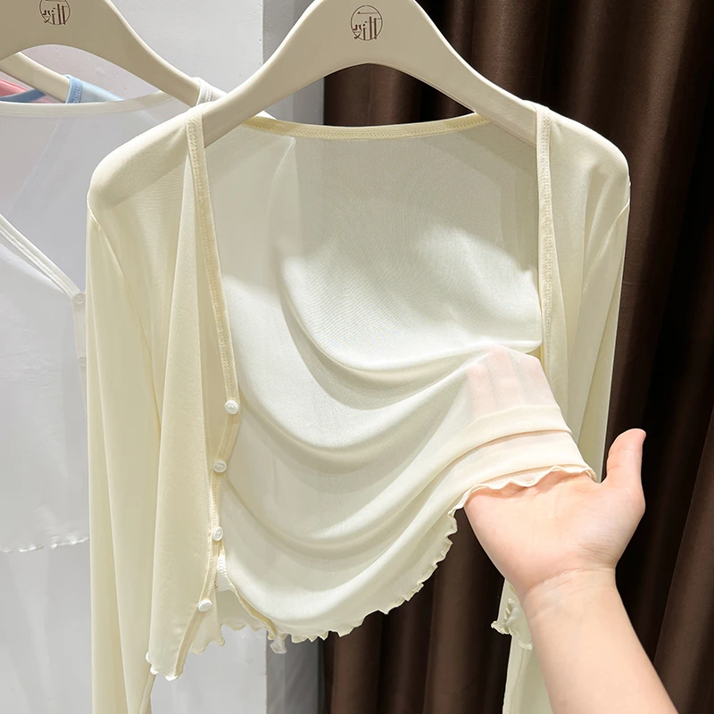 杏色v领薄纱冰丝防晒开衫女夏吊带外搭披肩空调罩衫网纱镂空上衣