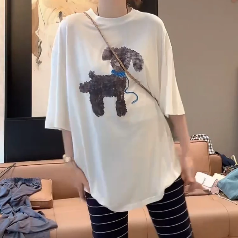 【精萌小狗】宽松大版短袖时尚慵懒感百搭圆领印花T恤LK2504601