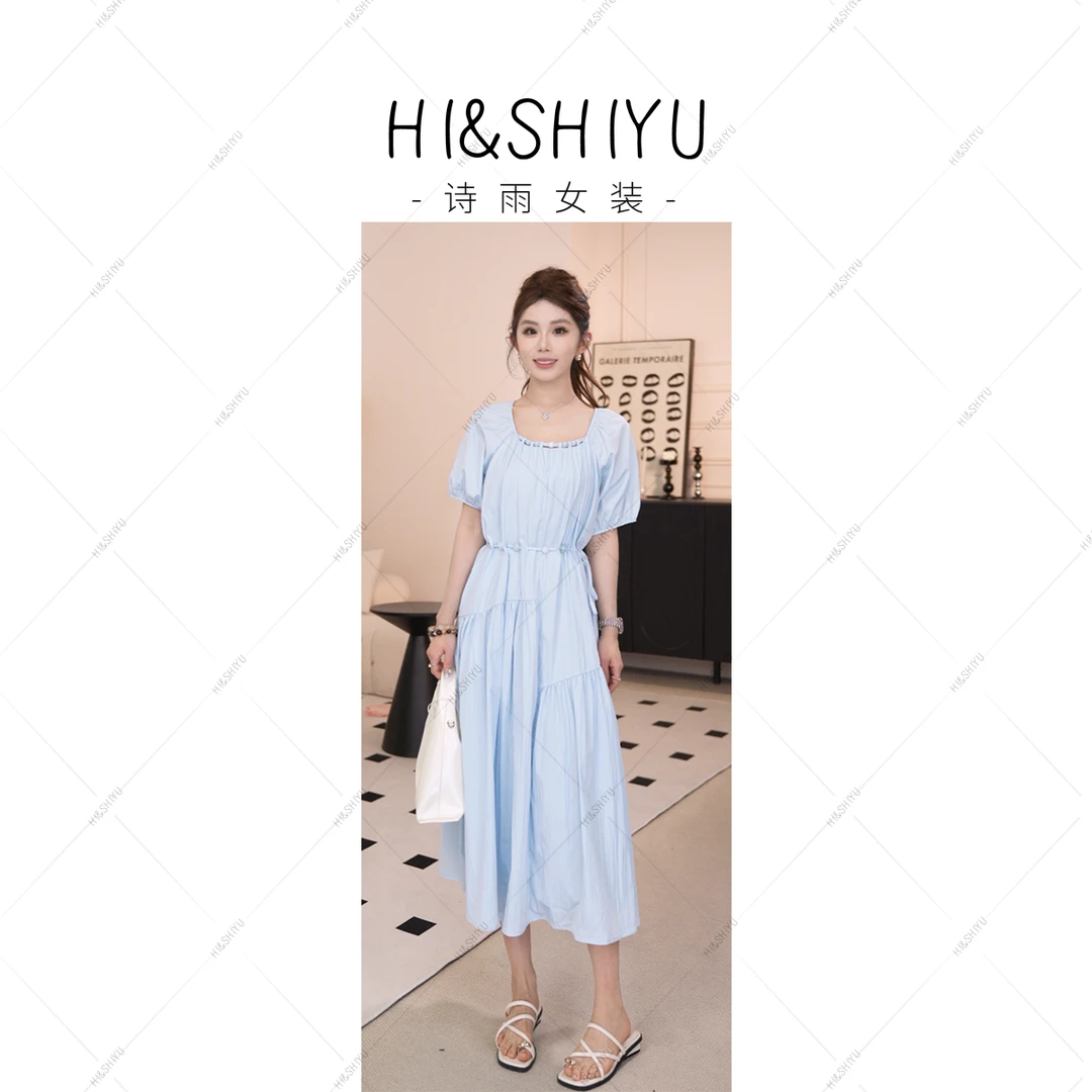 HISHIYU【XXX】领口腰部穿珠饰泡泡袖连衣裙