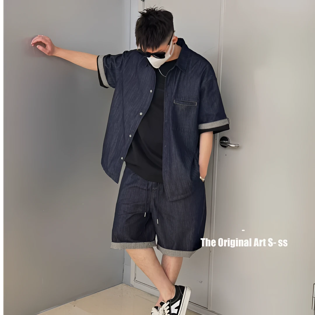 潮牌水洗复古牛仔时尚套装男夏季薄款日系翻领衬衣短袖短裤两件套