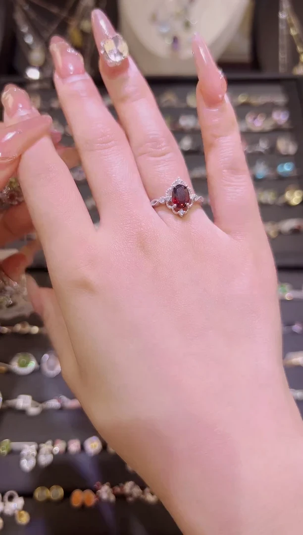 石榴石戒指银S925镶嵌S925石榴石开口戒