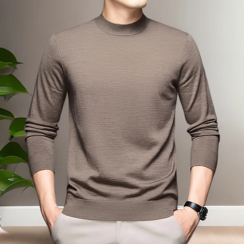 【可机洗精纺四平双面织】秋季薄款纯羊毛男士纯色半高领针织打底衫