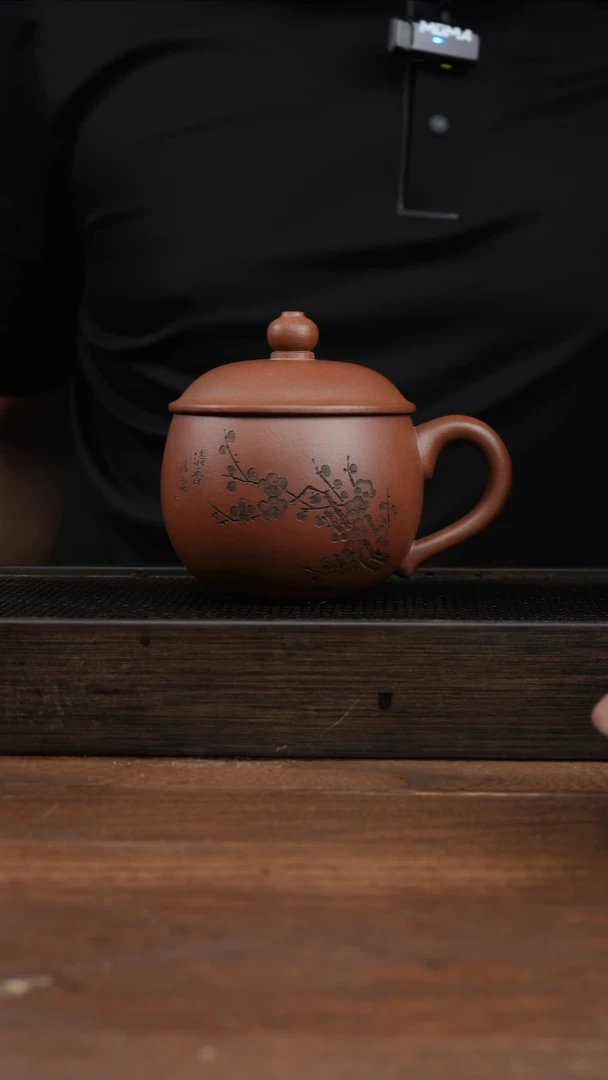 茶壶紫砂感****人紫泥梅花刻绘小胖墩盖杯 ！