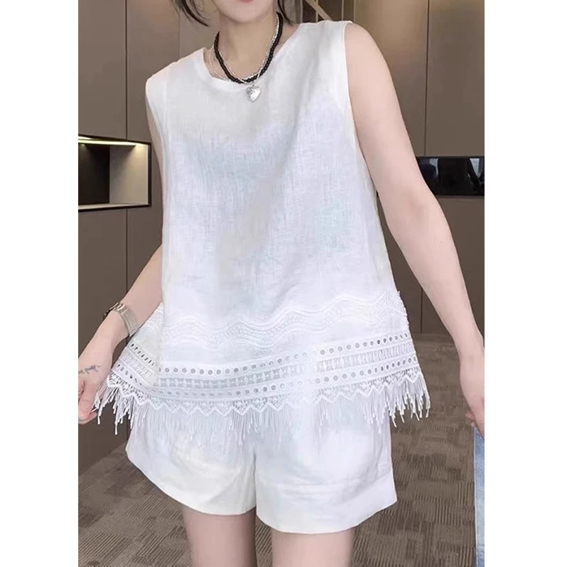 欧洲站新款亚麻天丝时尚两件套女后开叉蕾丝流苏背心休闲短裤套装