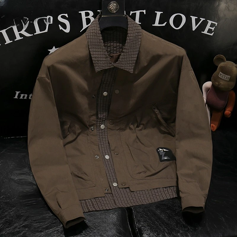 轻奢高端套格纹衬衫领上衣男2025春秋季帅气设计感假两件休闲外套