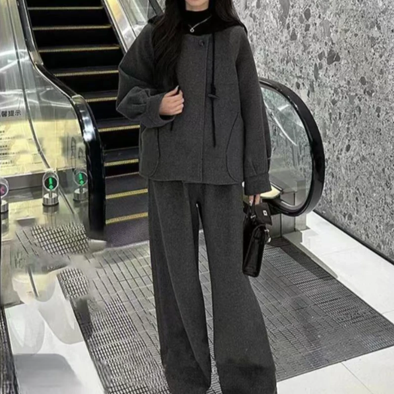 秋冬季高级感休闲百搭显瘦两件套夹棉外套阔腿裤新款2024减龄套装