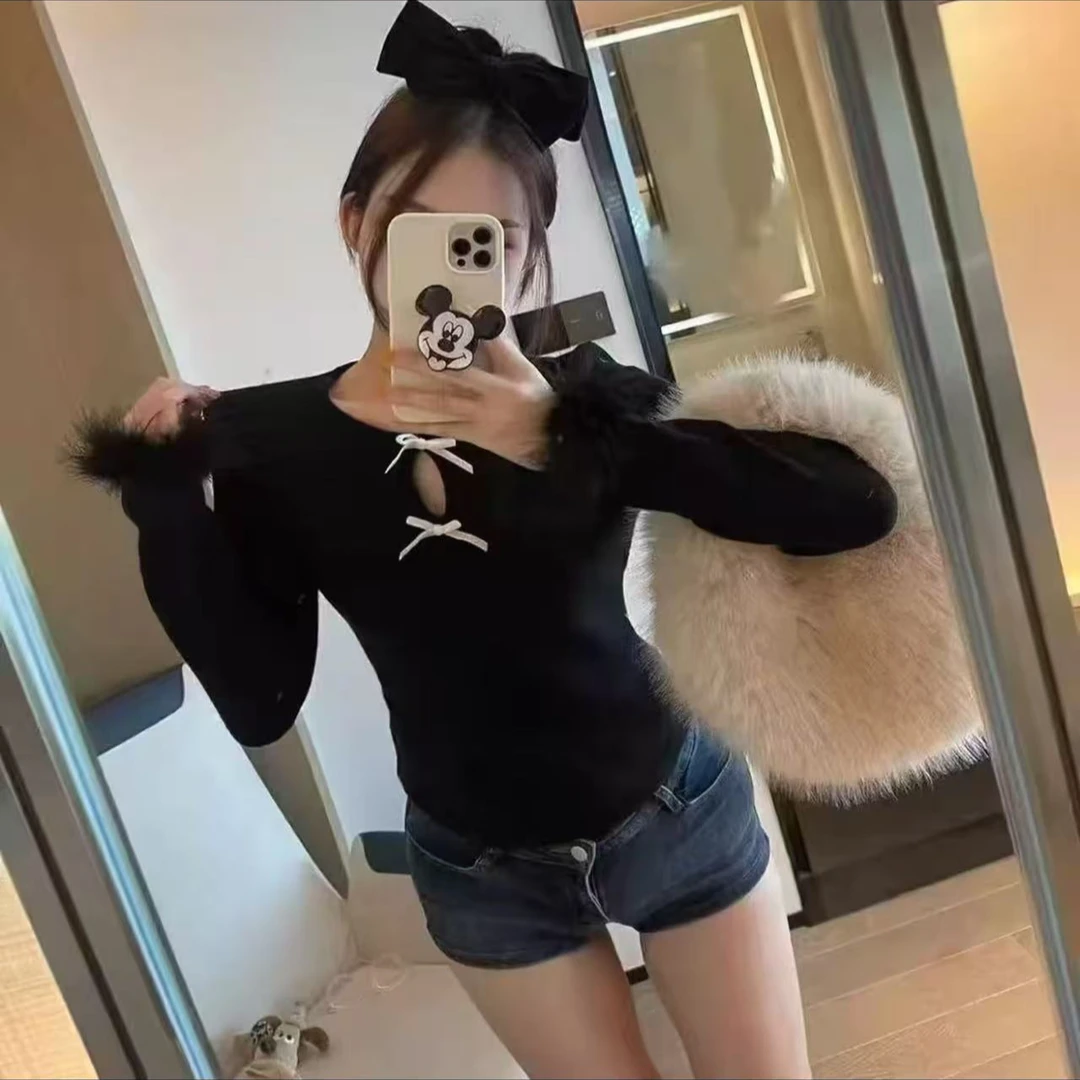纯欲风千金风甜美镂空小众蝴蝶结长袖上衣T恤➕毛呢短裙ygcc5218