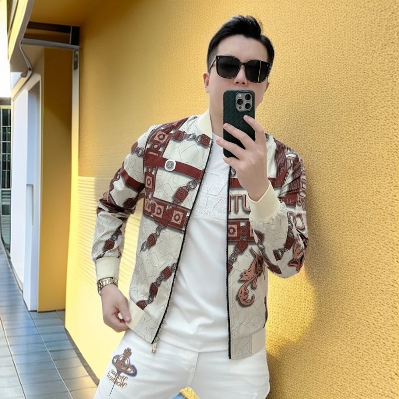 维斯克纳时尚潮牌个性印花棒球领夹克男时尚修身百搭休闲薄款外套