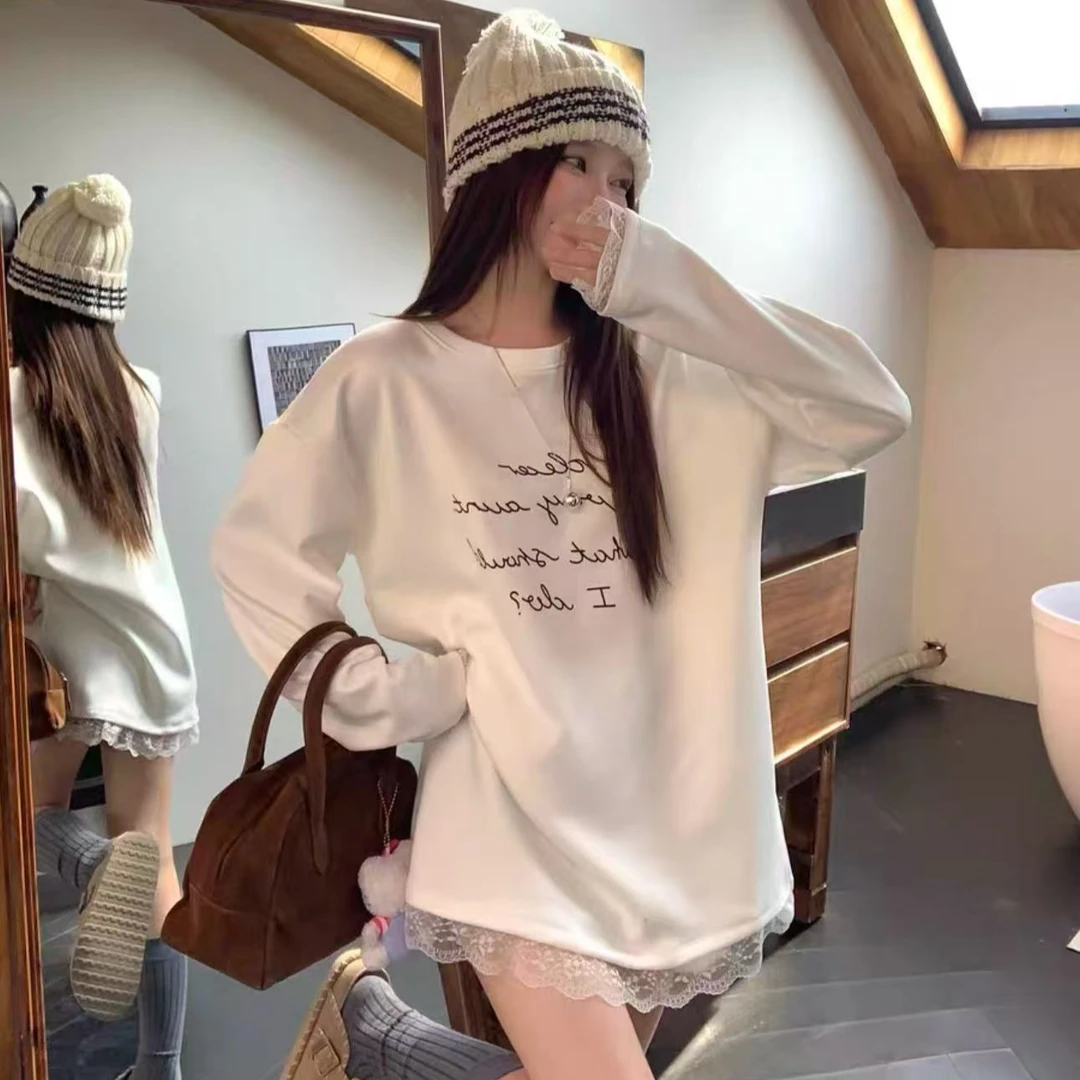 lh 百搭圆领白色蕾丝磨毛加厚打底衫韩版