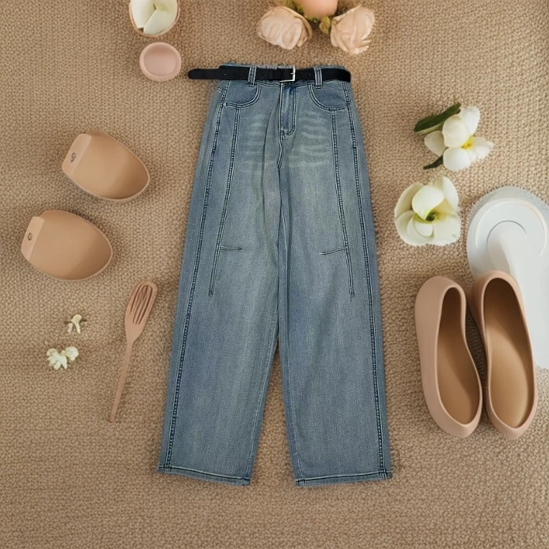 9031弯刀裤女款春季高腰百搭潮流水洗阔腿简约显瘦牛仔裤