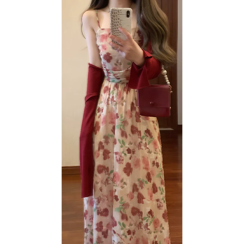 法式浪漫温柔玫瑰晕染弹力吊带连衣裙度假长裙&防晒空调开衫9087