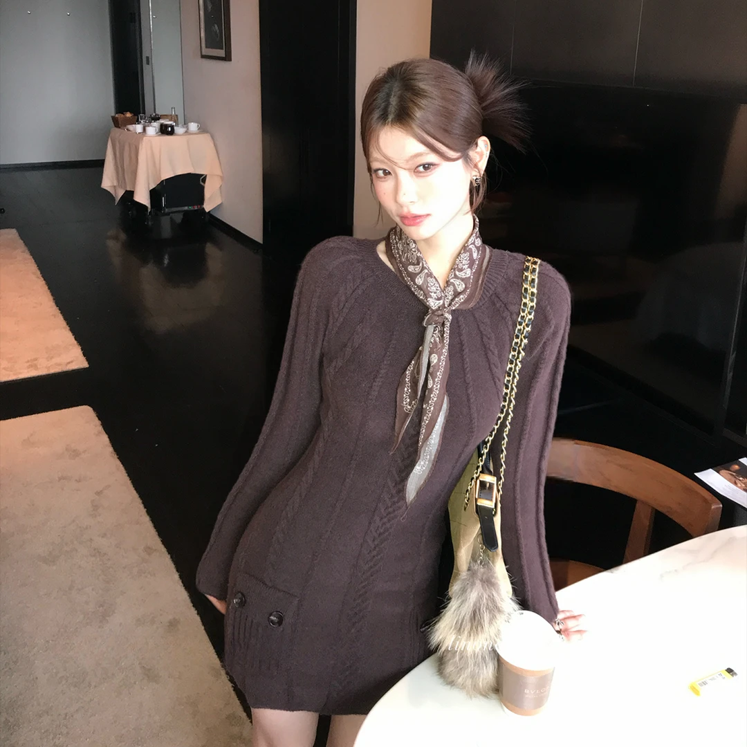 法式气质针织连衣裙女秋冬纯欲辣妹收腰修身显瘦内搭打底包臀短裙