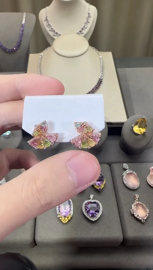 银S925镶嵌耳饰碧玺耳钉简约设计款