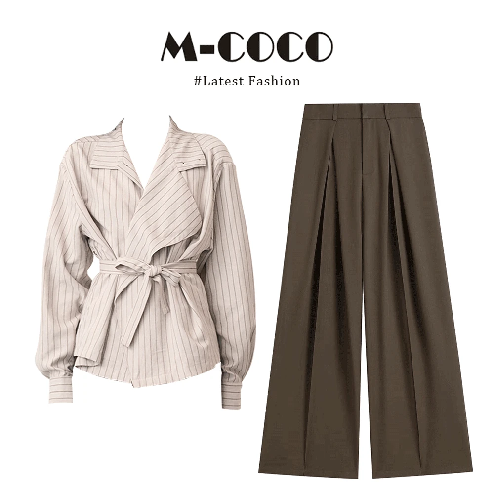 MARIE.COCO美拉德时尚通勤条纹长袖衬衫2025秋季直筒休闲裤两件套