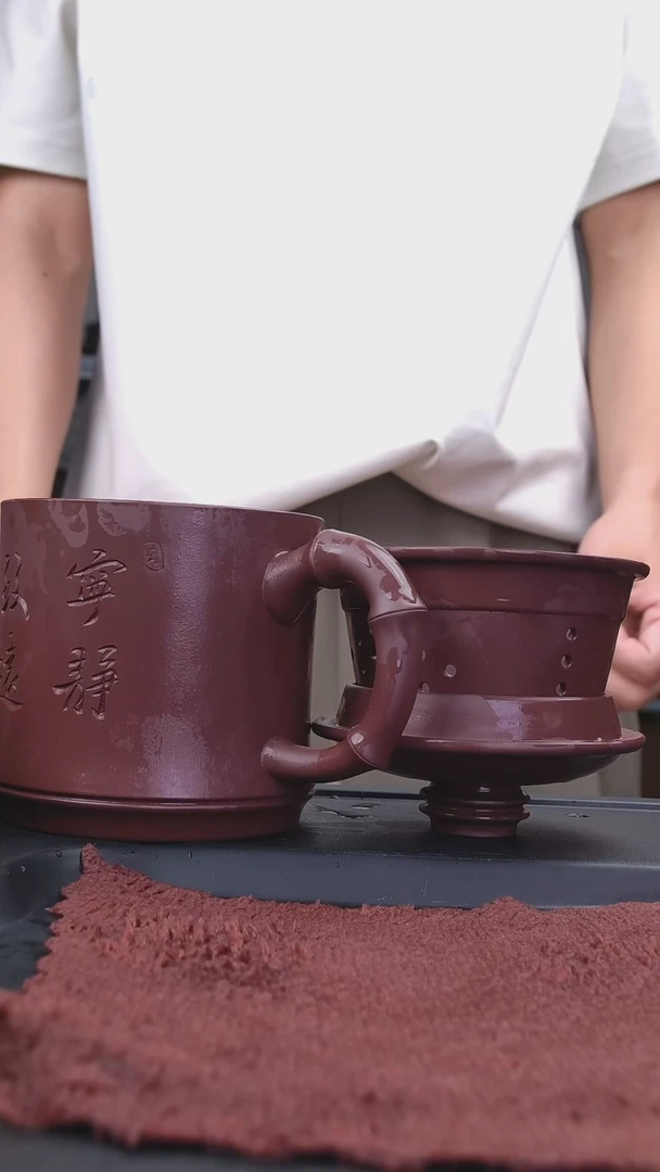 茶杯紫砂手工刻绘宁静致远茶水分离三件套