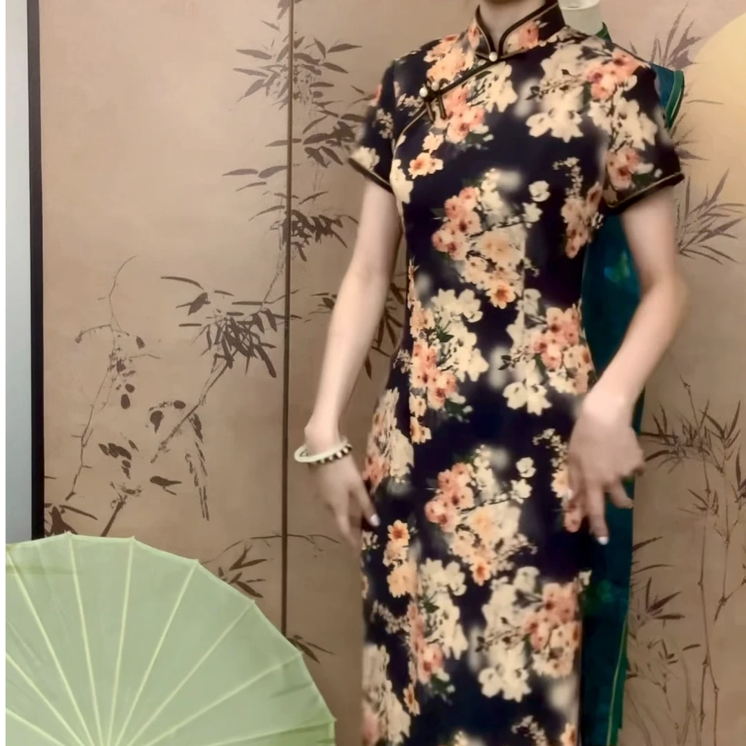 【清影】新款夏醋酸长款短袖新中式国风复古年轻时尚气质旗袍连衣裙