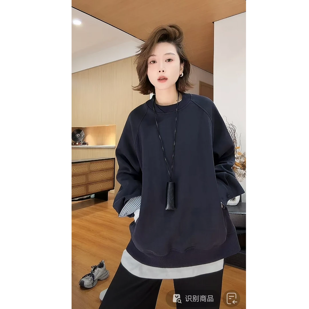 YYOUHAN 2025新款慵懒方程式格纹拼接百搭套头卫衣 2508C4718