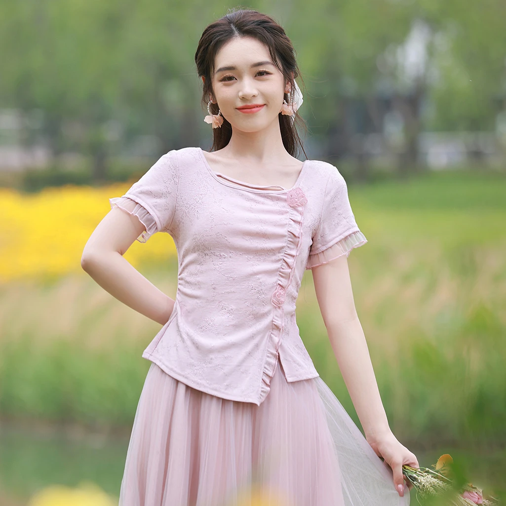 烟花烫国风减龄粉色短袖t恤女夏季小个子显瘦气质修身上衣 之市