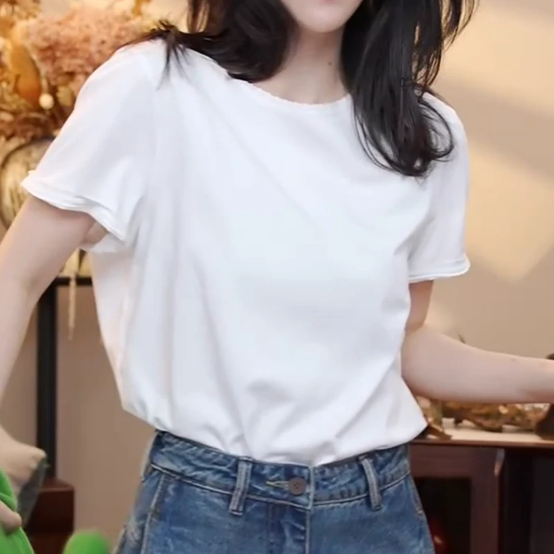 2025新款圆领简约花边纯色甜美短袖T恤上衣LK2506790