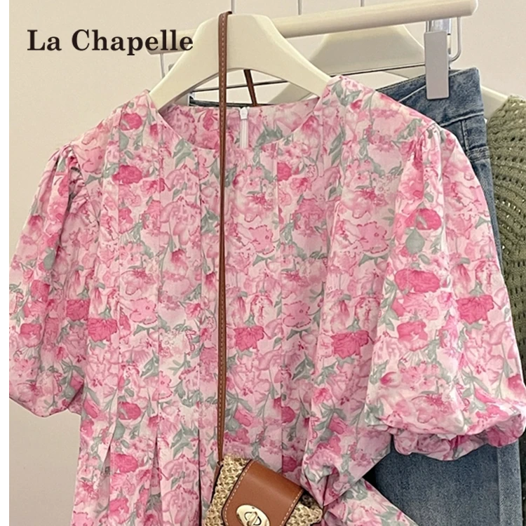 拉夏贝尔法式夏季圆领甜美短袖衬衣粉色樱桃花减龄娃娃衫上衣女