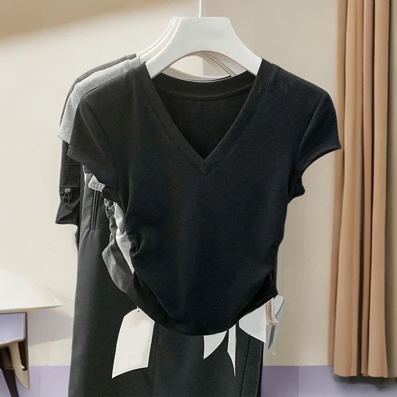 夏季辣妹正肩v领短袖T恤女夏季褶皱不规则修身显瘦大码打底衫上衣