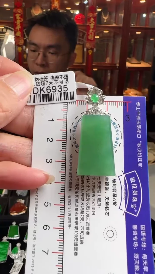 颈饰18K金镶嵌翡翠DK6935冰绿无事牌