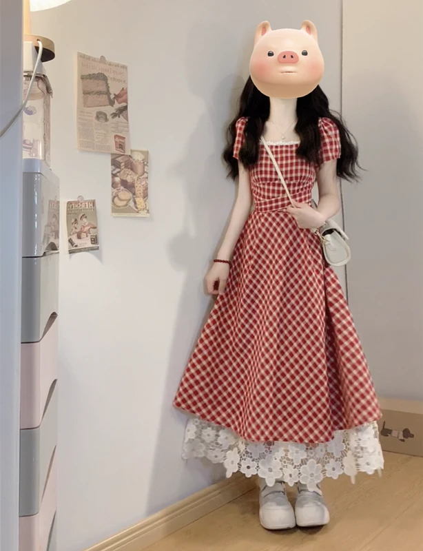 大码红格绮梦法式格子连衣裙女夏季新款蕾丝拼接收腰A字裙